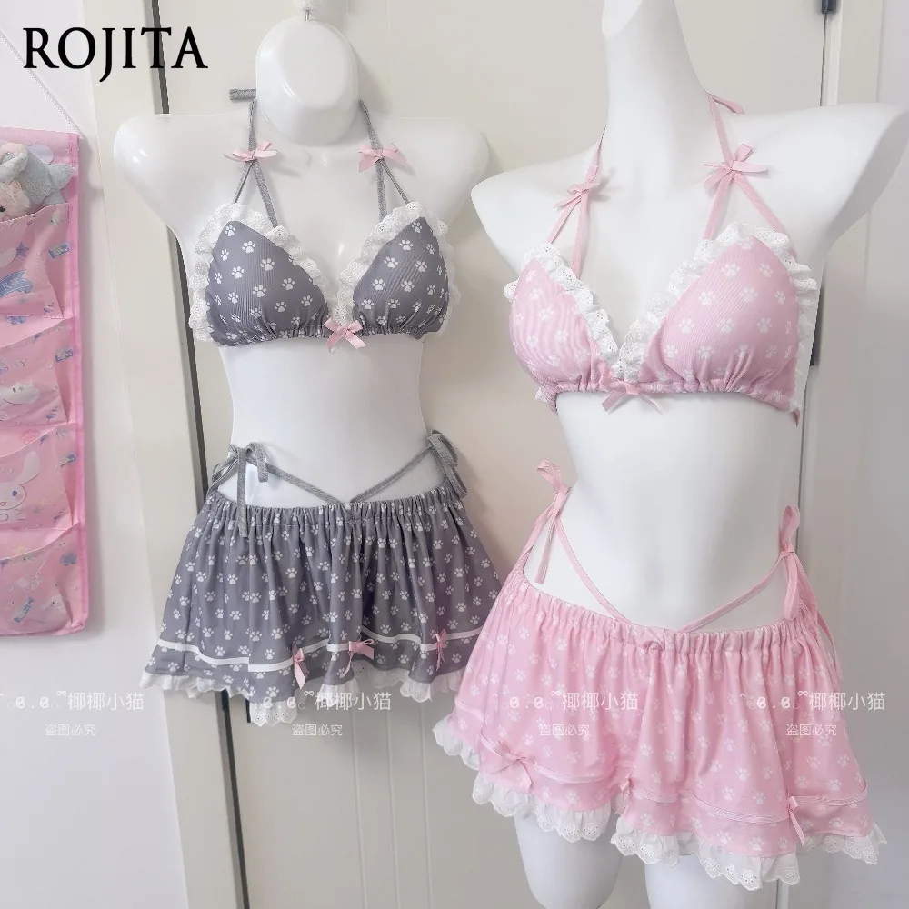Kawaii Paw Print Two Piece Swimsuit Women Halter Lace Bow Bikini Set Ruffled Swim Skirt Cute Beach Bathing Suit