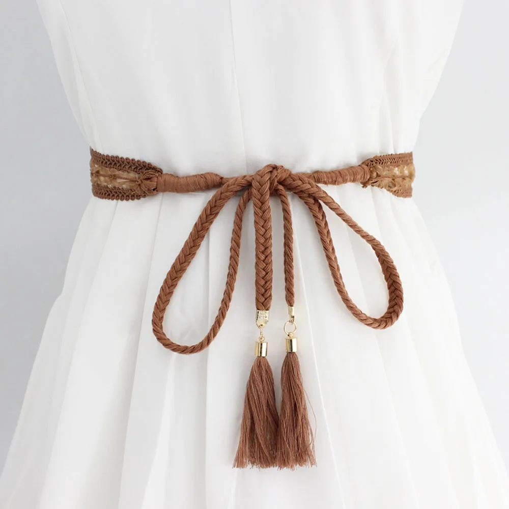 

2024 Chinese Braided Style Woven Tassel Belt Knot Decorated Waist Chain Boho Girls Waist Thin Rope Waistbands Dress Accessories