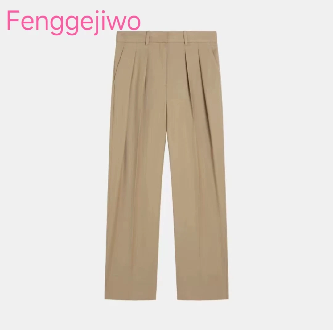 

Fenggejiwo women's autumn blended fabric with plush feel, warm and skin friendly high waisted pleated suit pants, straight leg f