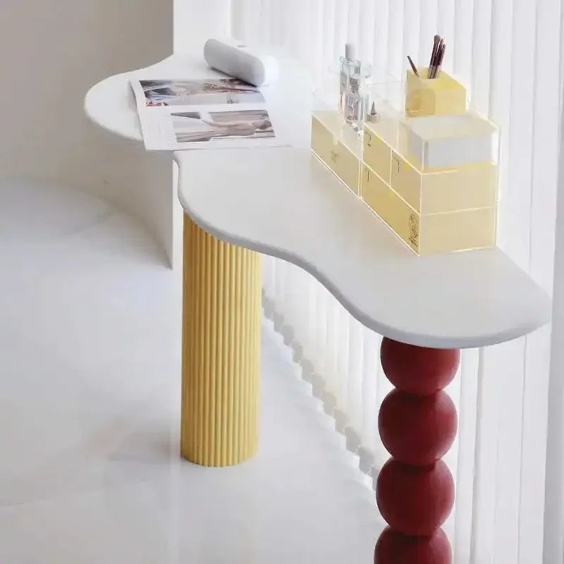French cream style porch table, colorful creative dopamine entry against the wall balcony table bar