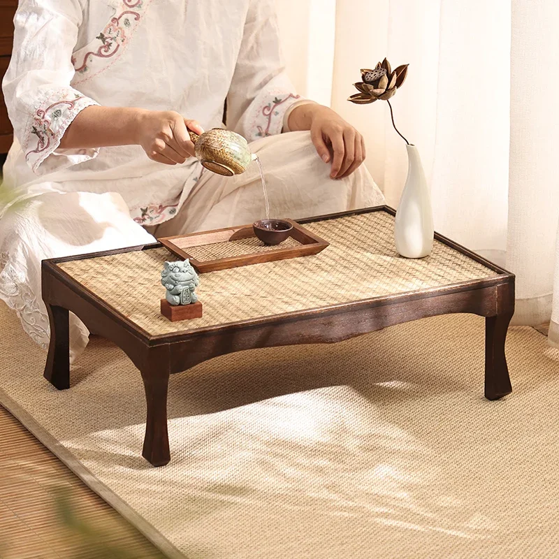 Japanese simple tatami small solid wood bay window tea  kang  low table ground table retro Arhat bed coffee