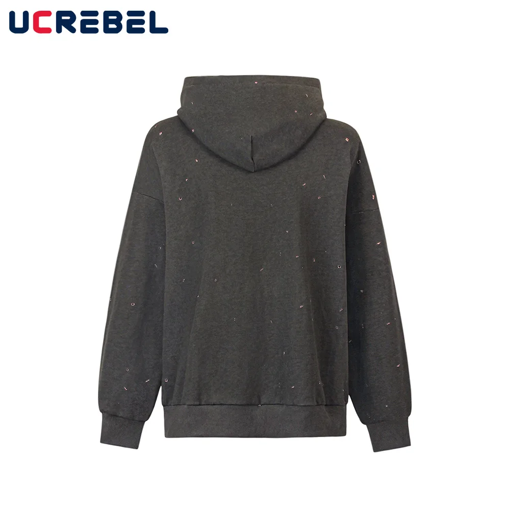 Letter Print Ripped Hoodies Mens Distressed High Street Loose Long Sleeve Hooded Sweatshirts Outerwear Men