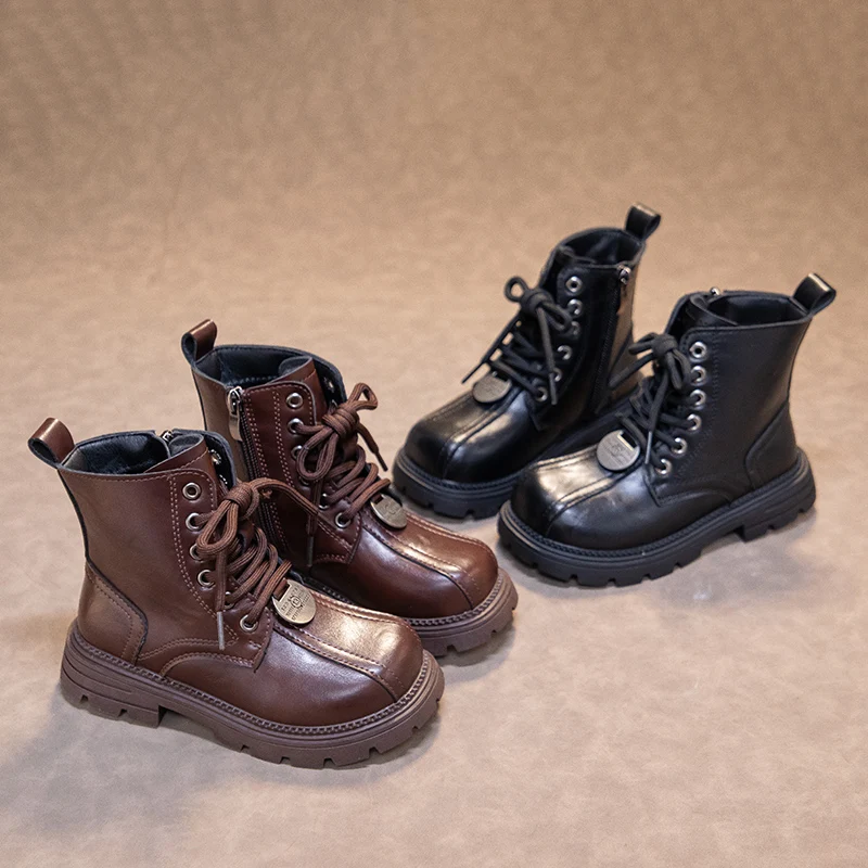 

Ботильоны для девочек, детские кожаные ботинки в стиле ретро на толстой подошве с круглым носком, детские модные короткие ботинки, классические нескользящие зимние новые ботинки