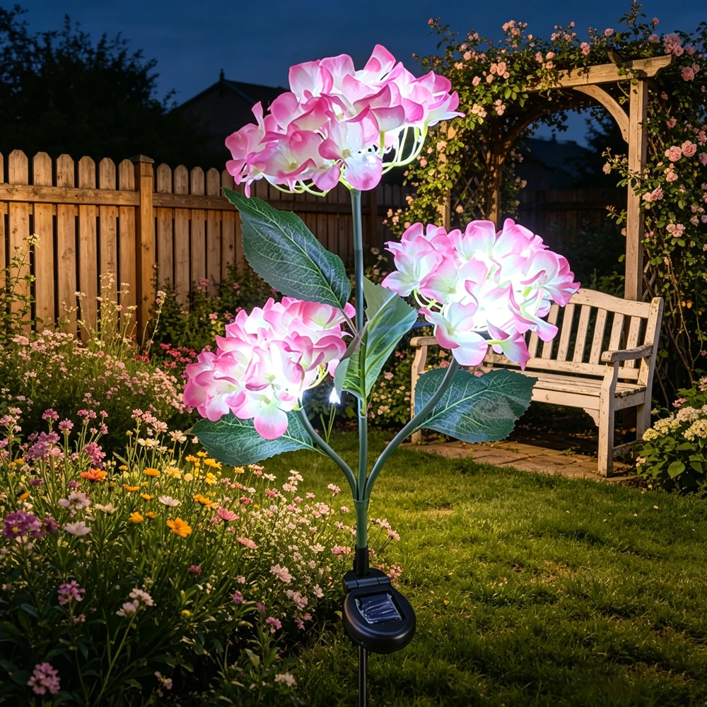 3Head Hydrangea Rose Flower Solar Led Light Outdoor Garden Lawn Lamps for Garden Vegetable Patch Patio Country House Decoration