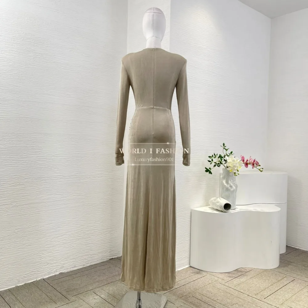 

Khaki Long Sleeve Shining Sequined Bow Deep V Neck Maxi Dress