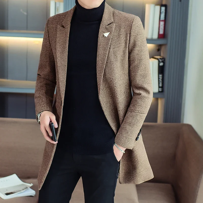 

Business Casual Men's Mid-Length Striped Overcoat Nice Spring Autumn Slim Fit Top Woolen Coats Outwear Plaid Windbreaker Jac