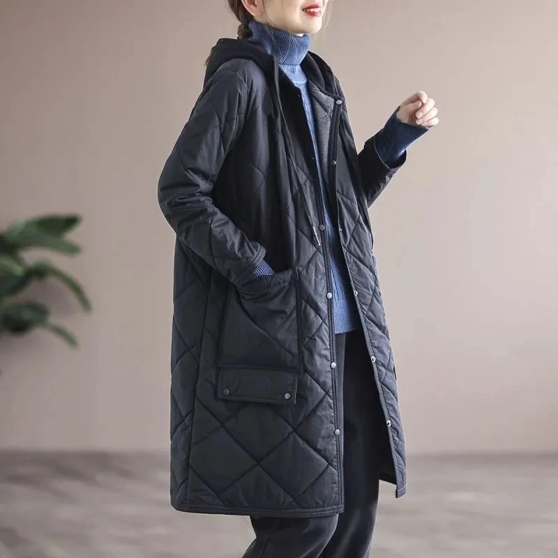 2024 Autumn Winter New Long Jacket Femmes Quilted Warm Women Hooded Lightweight Coat Black Khaki Oversize Parkas Padded Outwear