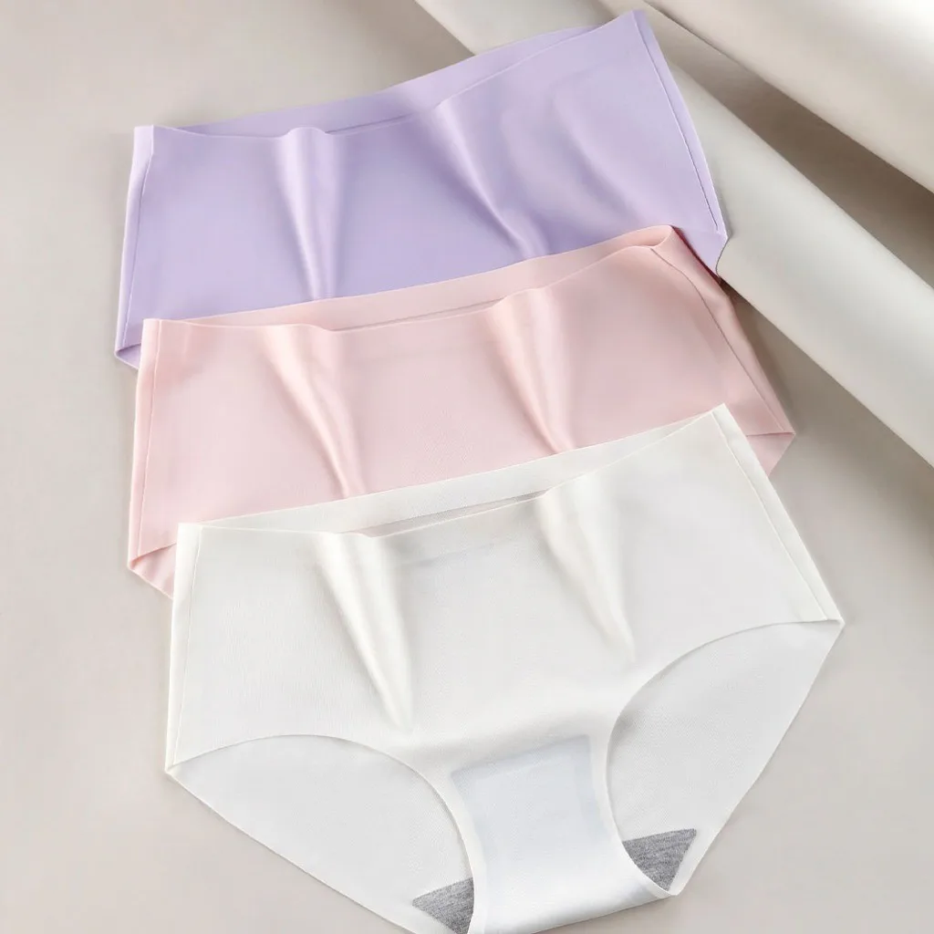 5pcs Ice Silk Seamless Panty Plus Size Sexy Ultra Thin Candy Color Soft Close Fitting Mid Waist Underwear