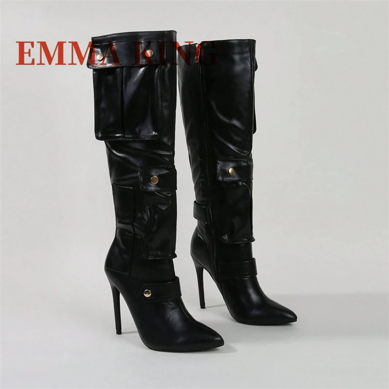 مثير جيب التفاصيل حذاء برقبة للركبة مدبب تو الخناجر أحذية عالية الكعب موضة أسود أبيض حفلة عادية الجانب سستة الأحذية #4