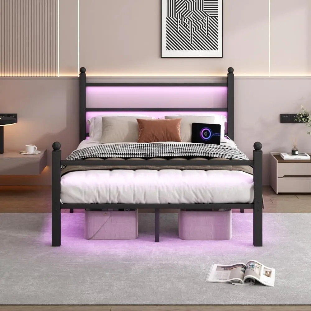 

Full Size Bed Frame w/Headboard, Footboard, Steel Slats, LED, USB Charging, Storage, No Box Spring, Noise Free, Black