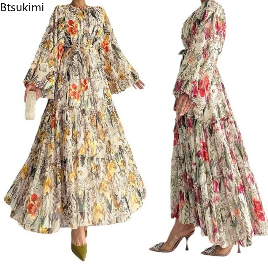 2024 New Women's Floral Printed Long-sleeved Chiffon Dress Muslim Fashion Abayas Elegant Lace-up Evening Dresses Long Robe Femme