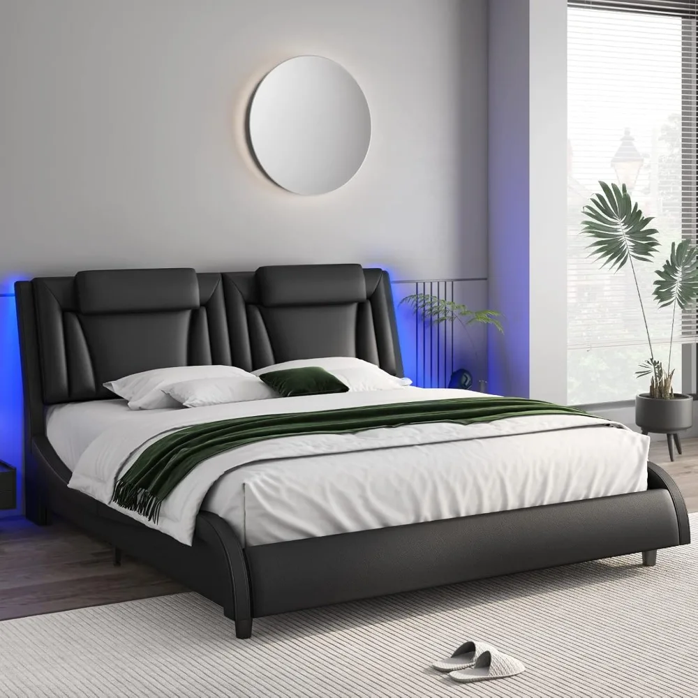 Modern PU Leather Cushion Platform Bedstead with Adjustable LED Headboard and Wavy Curve Design, Solid Wood Flat Noodles Support