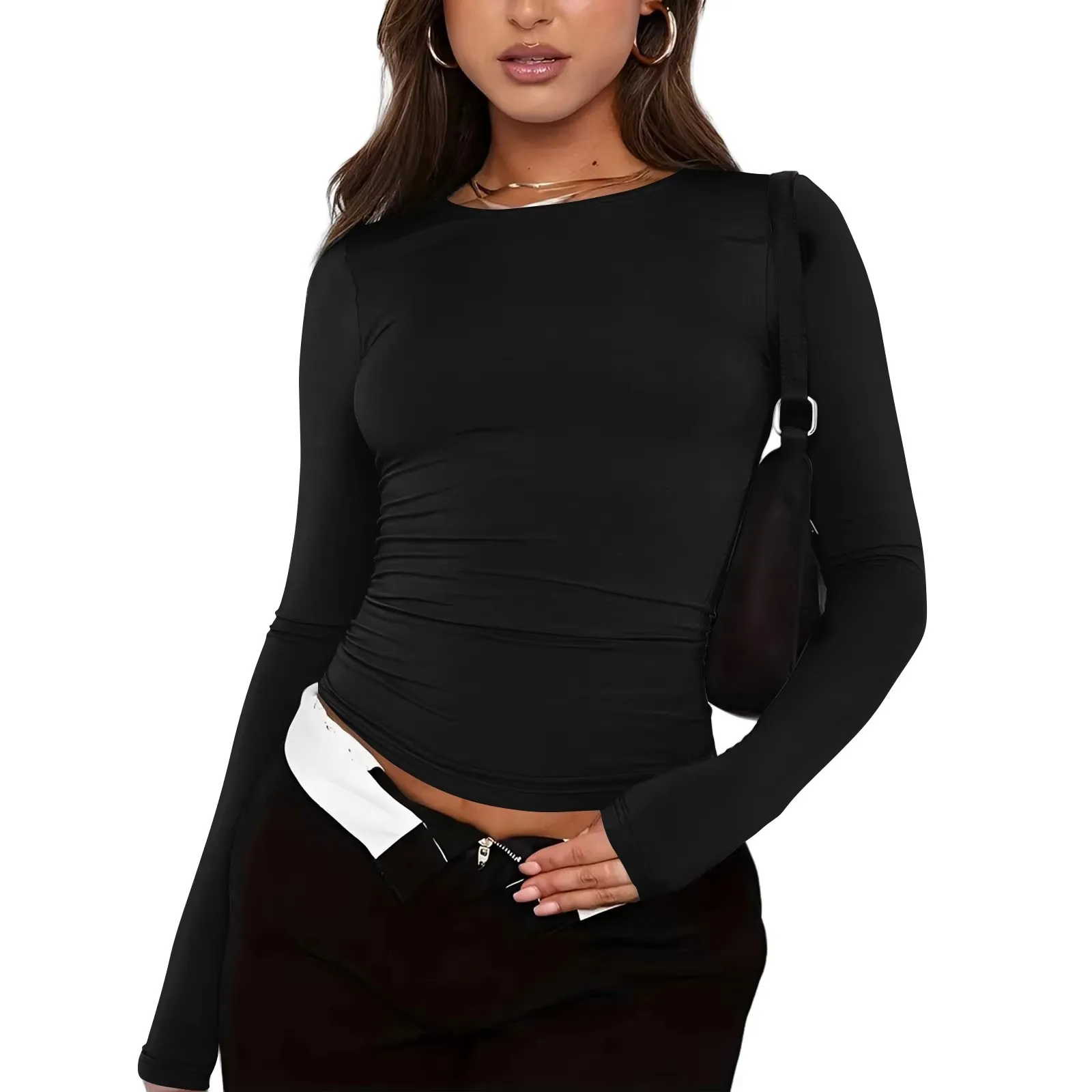 

Women's Fashion Solid Color Round Neck Long Sleeve T-Shirt Top Tops for Women Womens Tops and Blouses 2024 Dressy Tops for Women