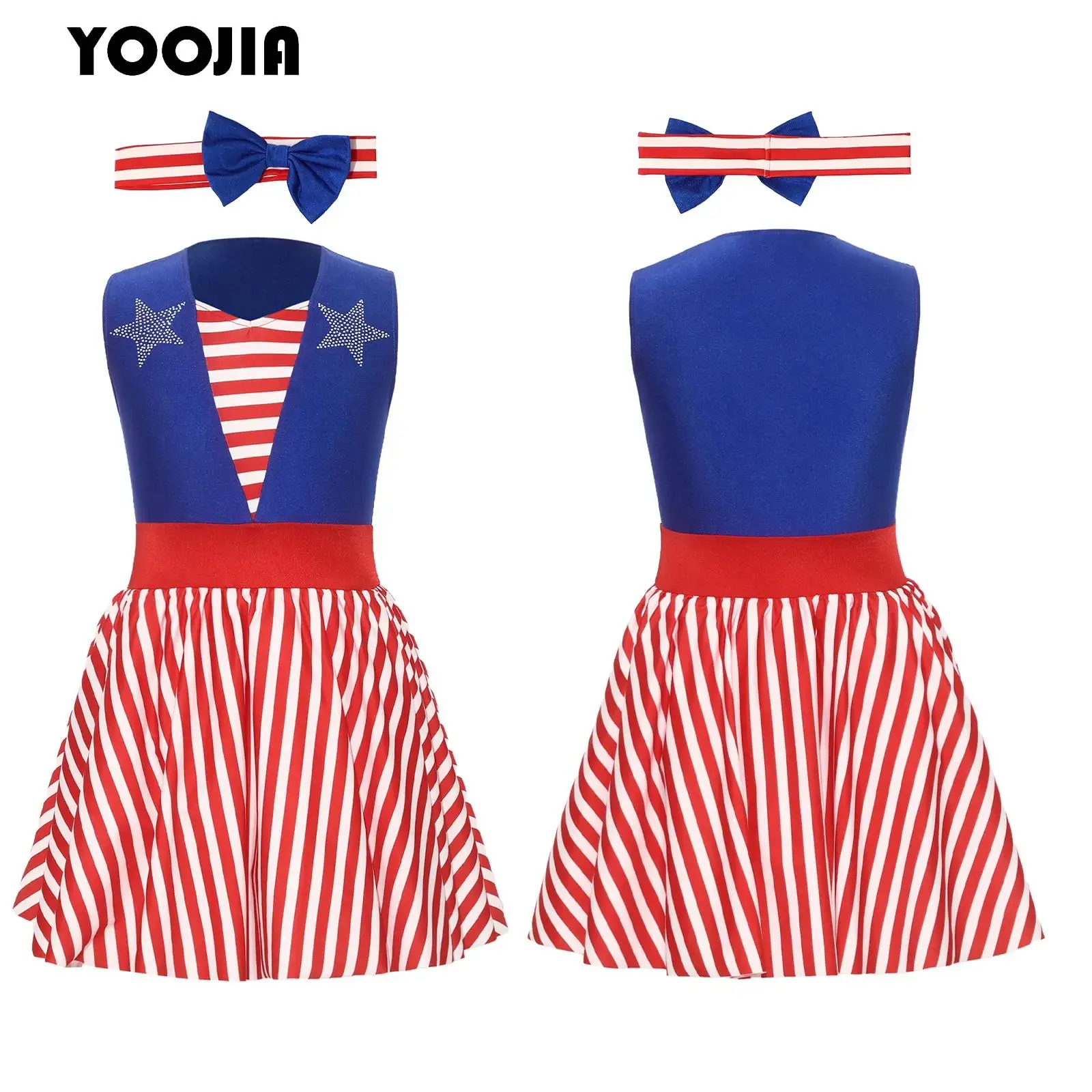 Girls Rhinestone Stars Striped Ballet Tutu Dress And Bow Headband Kids July 4th Independence Day Performance Costume Fancy Dress