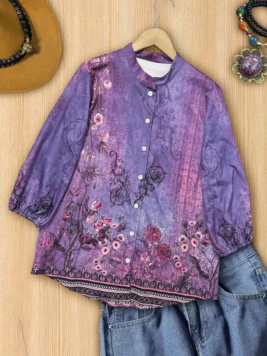 

Women Vintage Floral Print Three-Quarter Lantern Sleeve Button Down Blouse Casual Boho Spring Summer Daily Wear