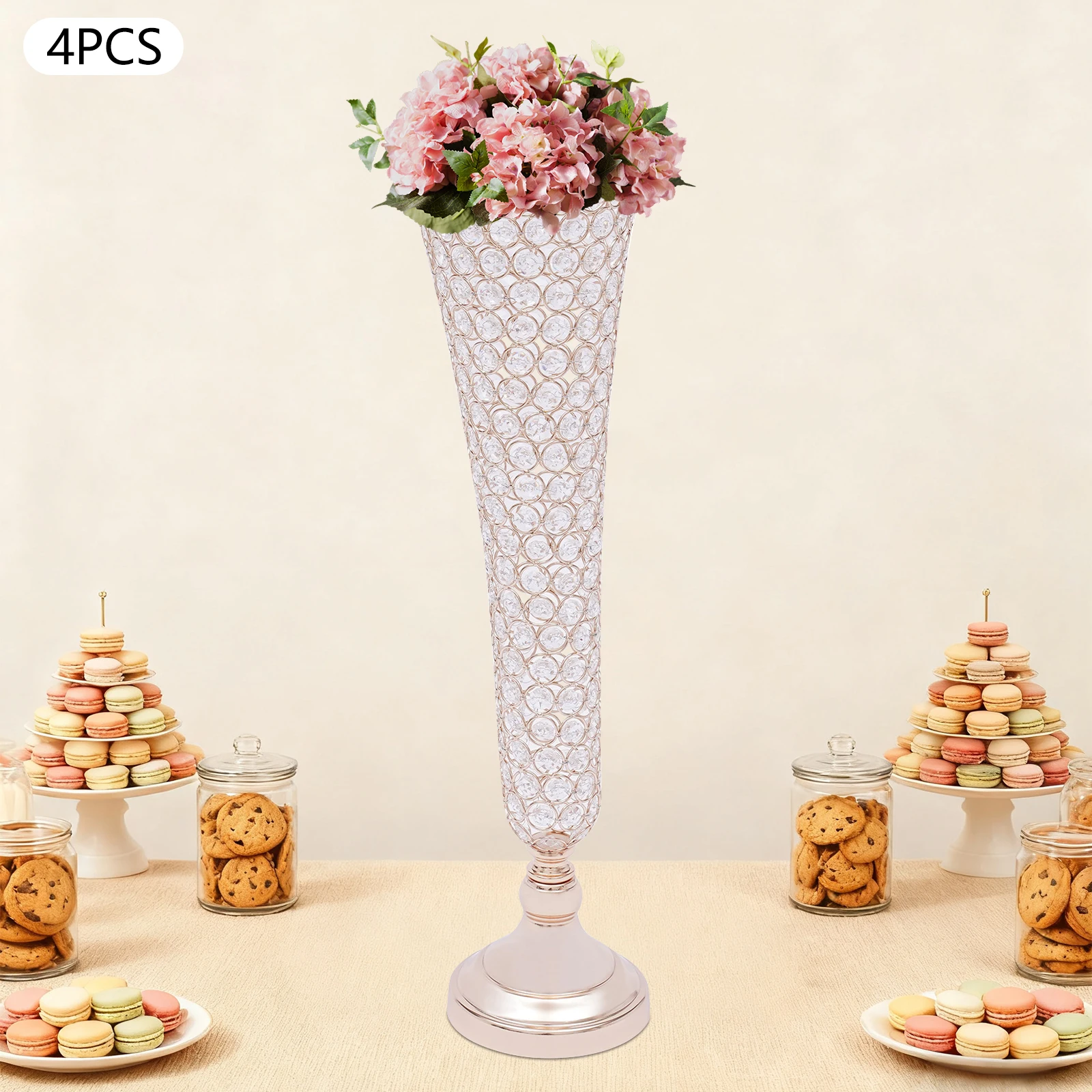 

4Pcs Crystals Trumpet Floral Vases, Wedding Flower Stand for Table Centerpiece, Gold Flower Vase for Home Decoration, 17x55x14cm