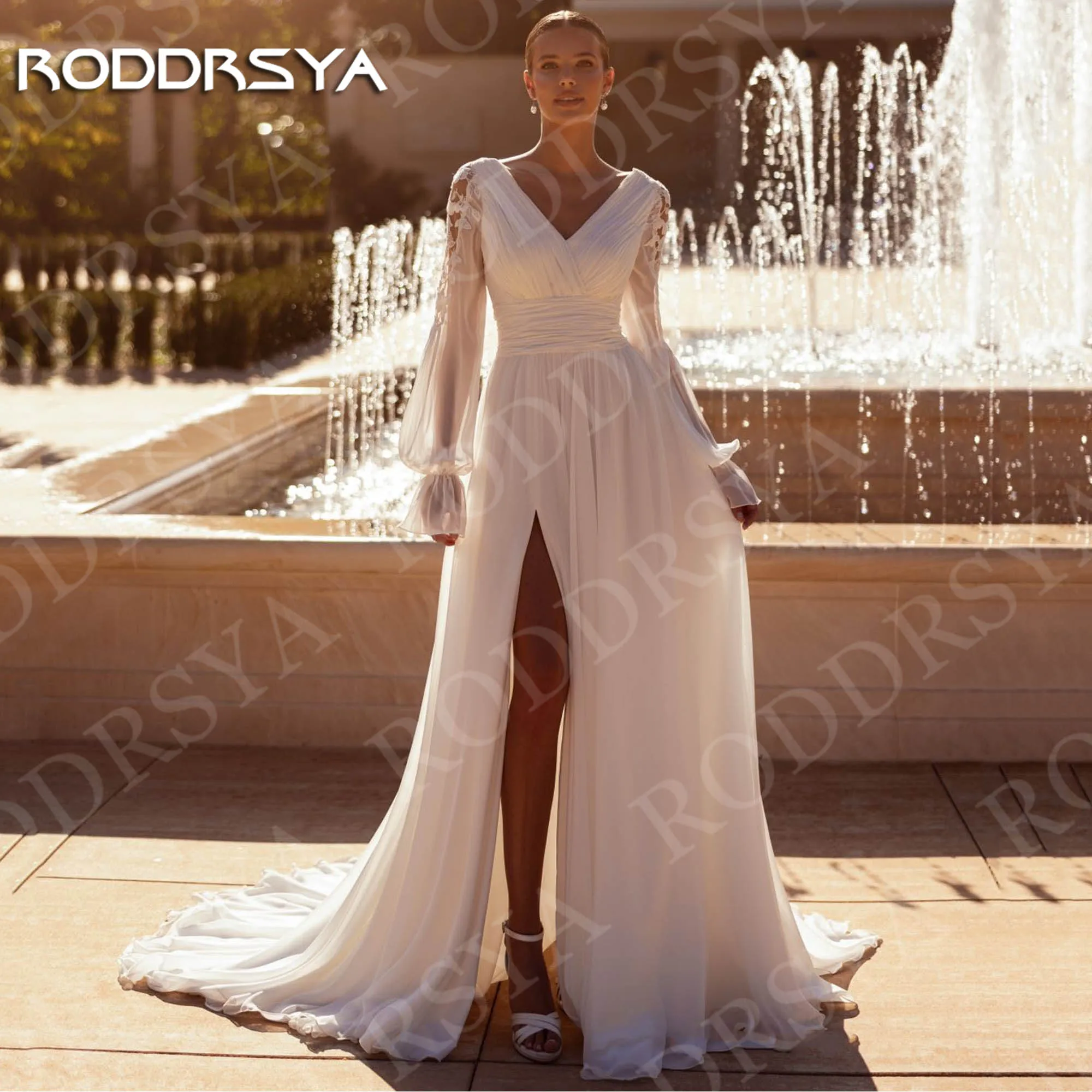 

RODDRSYA Boho Wedding Dress V Neck Appliques Romantic Beach Chiffon Long Sleeves Lace Bridal Gown Customized vestido de noiva