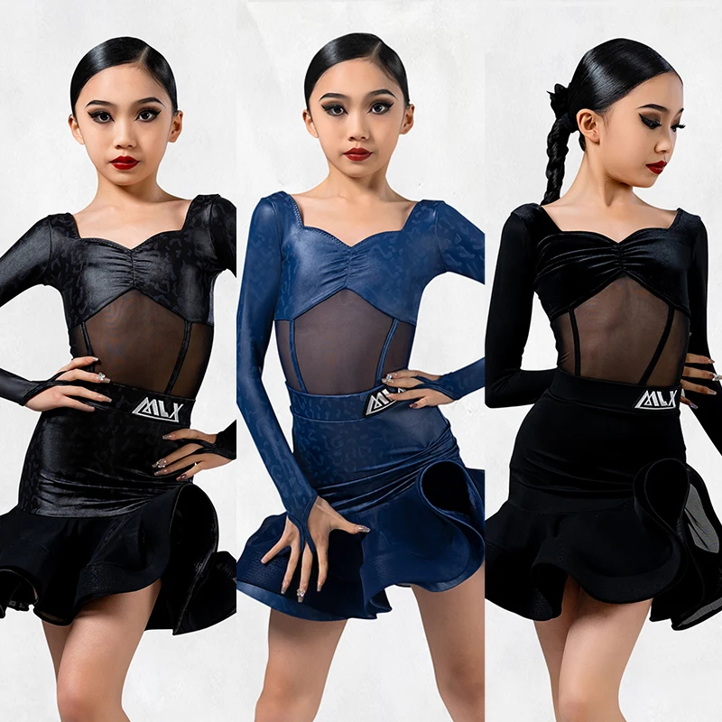 2024 New Childrens Latin Dance Costume Girl's Black Ballroom Danceing Competition Performance Clothes Dancer Practice Set VBH758