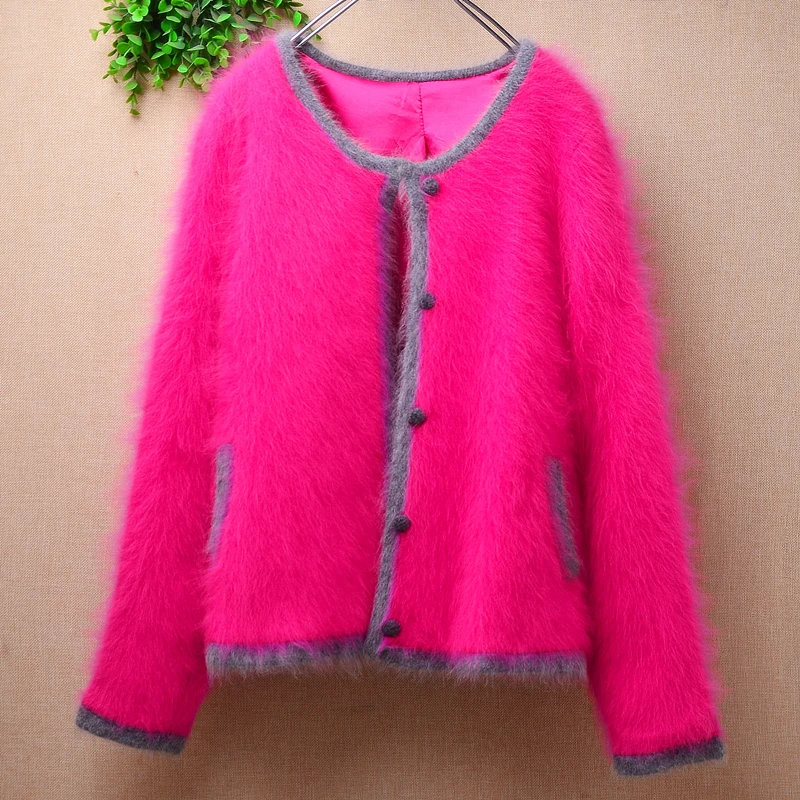 Female Women Spring Winter Clothing Pull Rose Mink Cashmere Knitted Long Sleeves Slim Cardigans Angora Fur Coat Sweater Pull Top