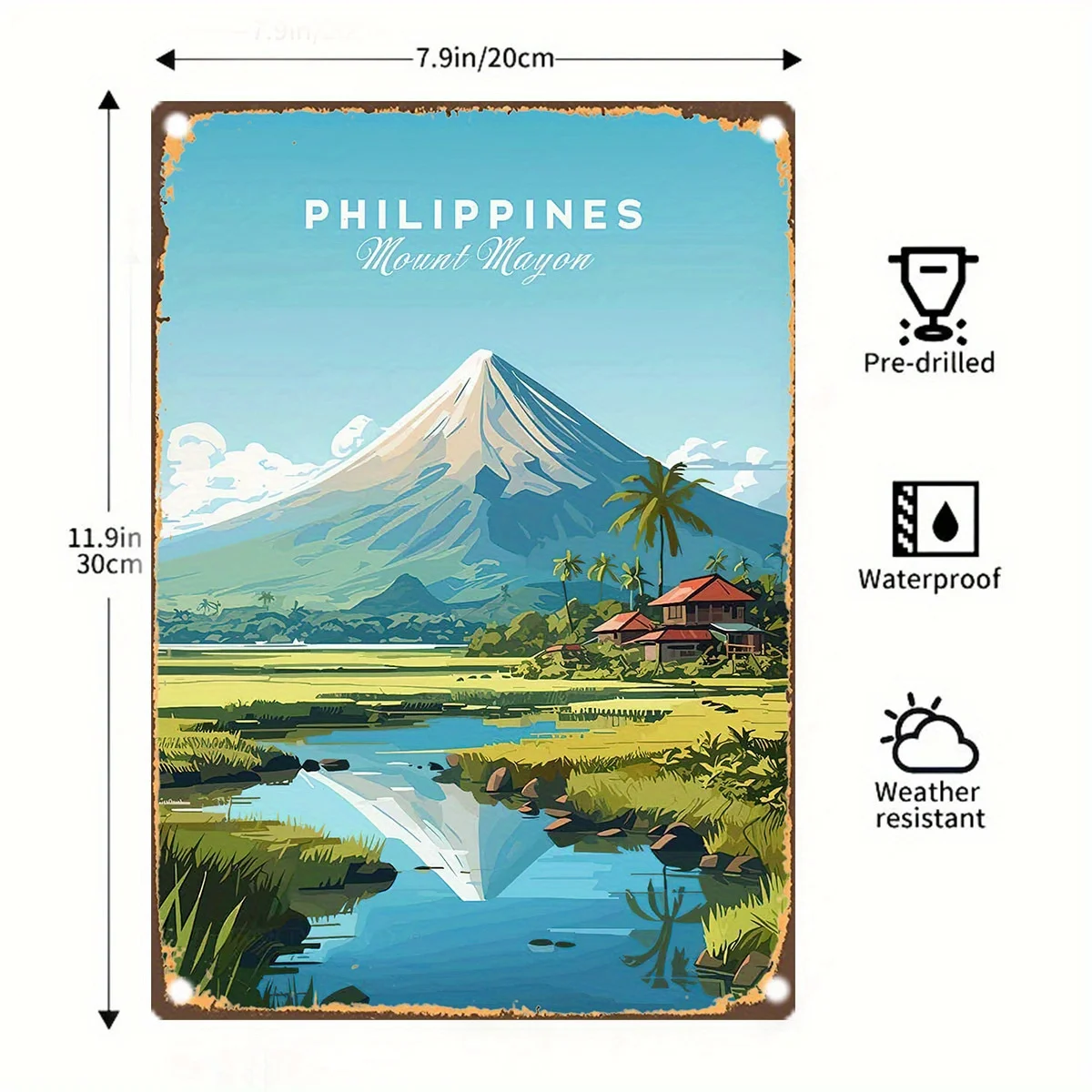 Letrero de metal vintage del volcán Mayon de Filipinas, preperforado, resistente al agua y a la intemperie, hecho de hierro, perfecto para decoración de habitaciones