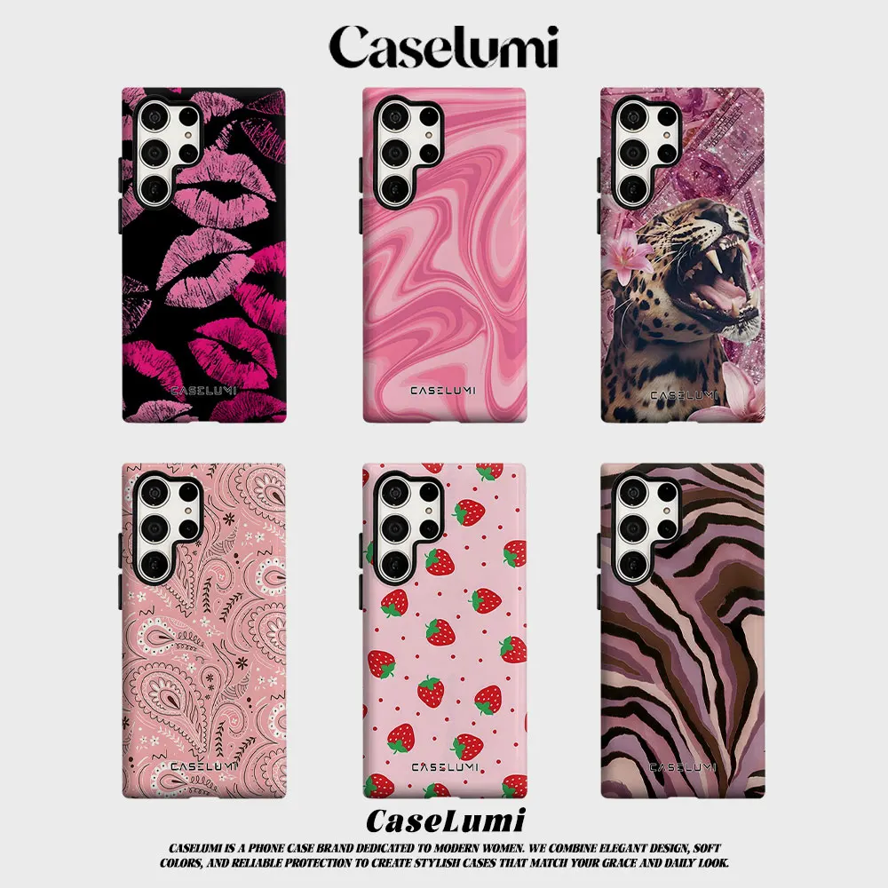 Pink Lips For Samsung Galaxy Phone Case S23 S20 S25 FE S24 Plus S26 Ultra 2-IN-1 Shockproof Bumper Hard PC