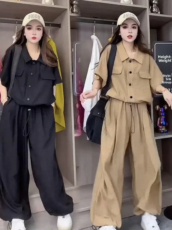

Casual Fashionable Women's Two-Piece Set Short Sleeve Drawstring Wide Leg Pants Summer 2026 New Lazy Style Anti-Aging