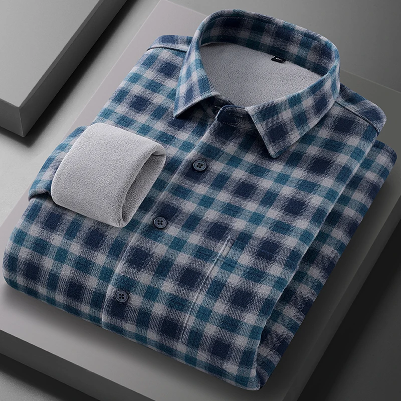 Men's long-sleeved shirt, all-cotton checked warm shirt, winter casual, versatile, comfortable, classic street trend