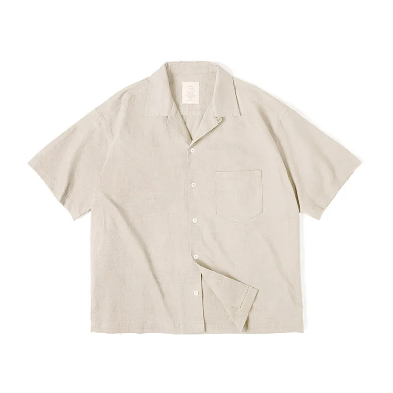 Maden Vintage Lightweight Cuban Collar Short Sleeve Shirt Men's Summer Cotton Single-breasted Loose Fit Solid Color Casual Tops