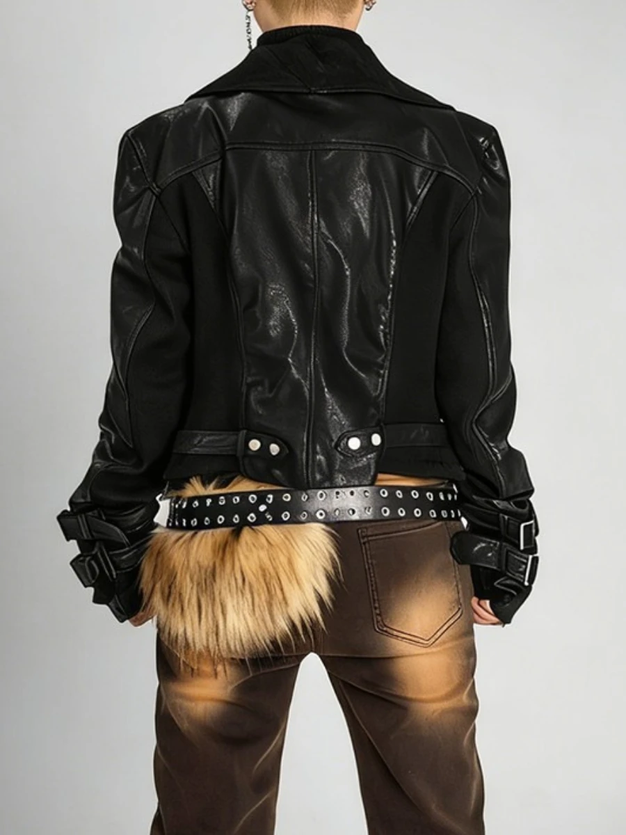 TWOTWINSTYLE الصلبة تقسم سستة موضة سترات جلدية للنساء عالية الرقبة طويلة الأكمام المرقعة جيب سترة الإناث جديد