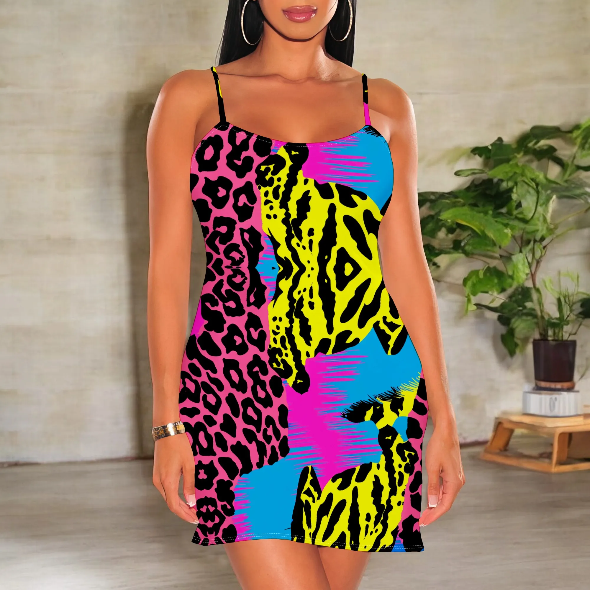 

Women's Leopard Print Mini Dress Sexy Bodycon Spaghetti Strap Dress for Night Club Party Wear S-3XL