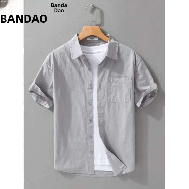 Csa Casual Masculina de Aodão para o Verão, Leve, de Manga Curta, Casual de Negócios, Versátil, Ajuste Solto, Moda Mascu...