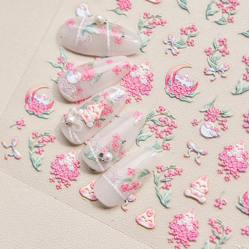 Bunny Bird Pink Orchid Flower Moon Strawberry Rainbow Tulip Peach Carrot Bowknot Embossed Relief Nail Art Sticker Manicure Decal