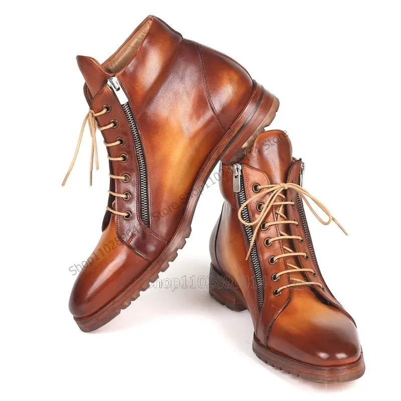 Brown Gradient Color Zipper Decor Square Toe Boots Fashion Lace up Men Shoes Luxury Handmade Party Feast Banquet Men Dress Shoes