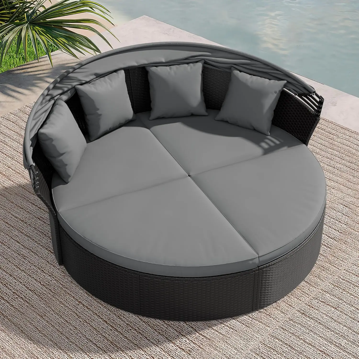 

Round Outdoor Daybed with Retractable Canopy,Patio Daybed with Washable Cushions, Clamshell Sectional Seating,, Customized