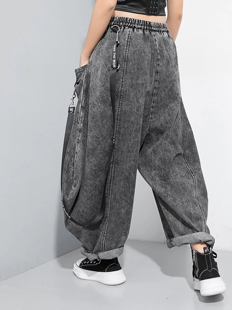 [EAM] Wide Leg Black Big Size Ribbon Stitch Jeans New High Waist Loose Women Trousers Fashion Tide Spring Autumn 2024 1D202