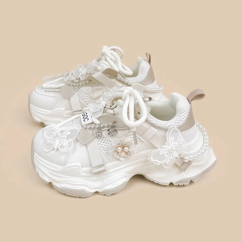 

Dophee Original White Dad Shoes New Spring Autumn Sports Leisure Women Thick Bottom Shoes Beads Butterfly Casual Students Shoes
