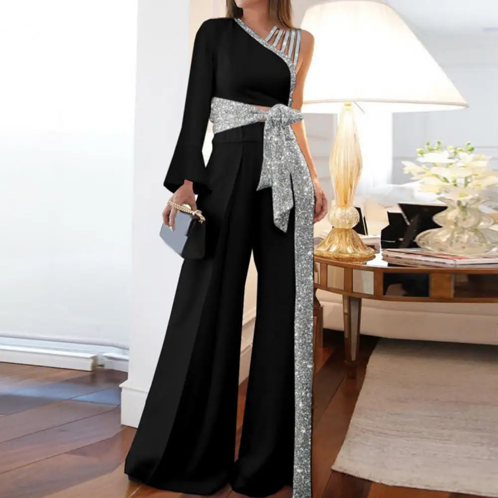 

2025 Blouse Pants Set Spring Sutumn Outfit One Shoulder Top Bandage Bowknot High Waist Wide Leg Shiny Pants Set Streetwear
