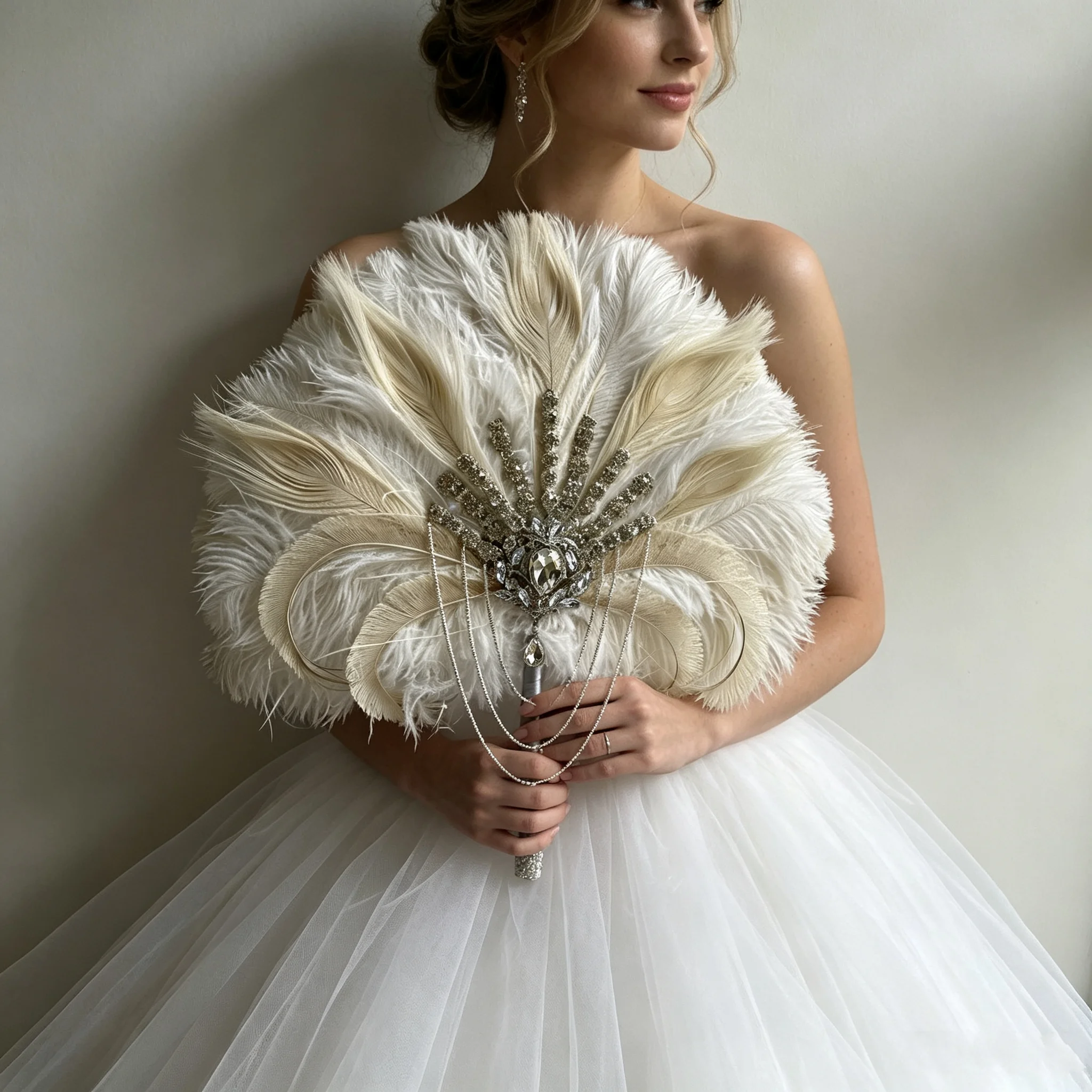 PEORCHID Luxury White Ostrich Feather Bridal Fan Bouquet Silver Rhinestone Brooch Wedding Bride Roaring 20's Bouquet Fan