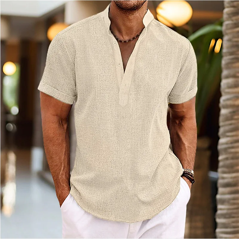 

Men's plus Size ort Sve irt Summer New Sle Pure Color Stand Collar Pullover a Simple Design Breathable Thin