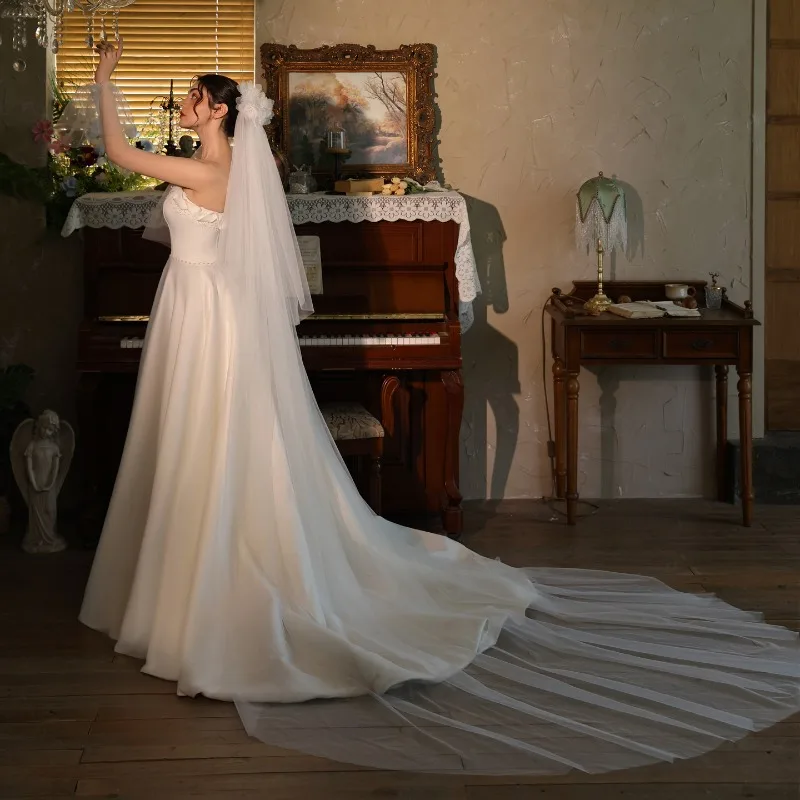 

Фата невесты с цветами, длинный большой хвост, церковная свадебная двухслойная фата для лица