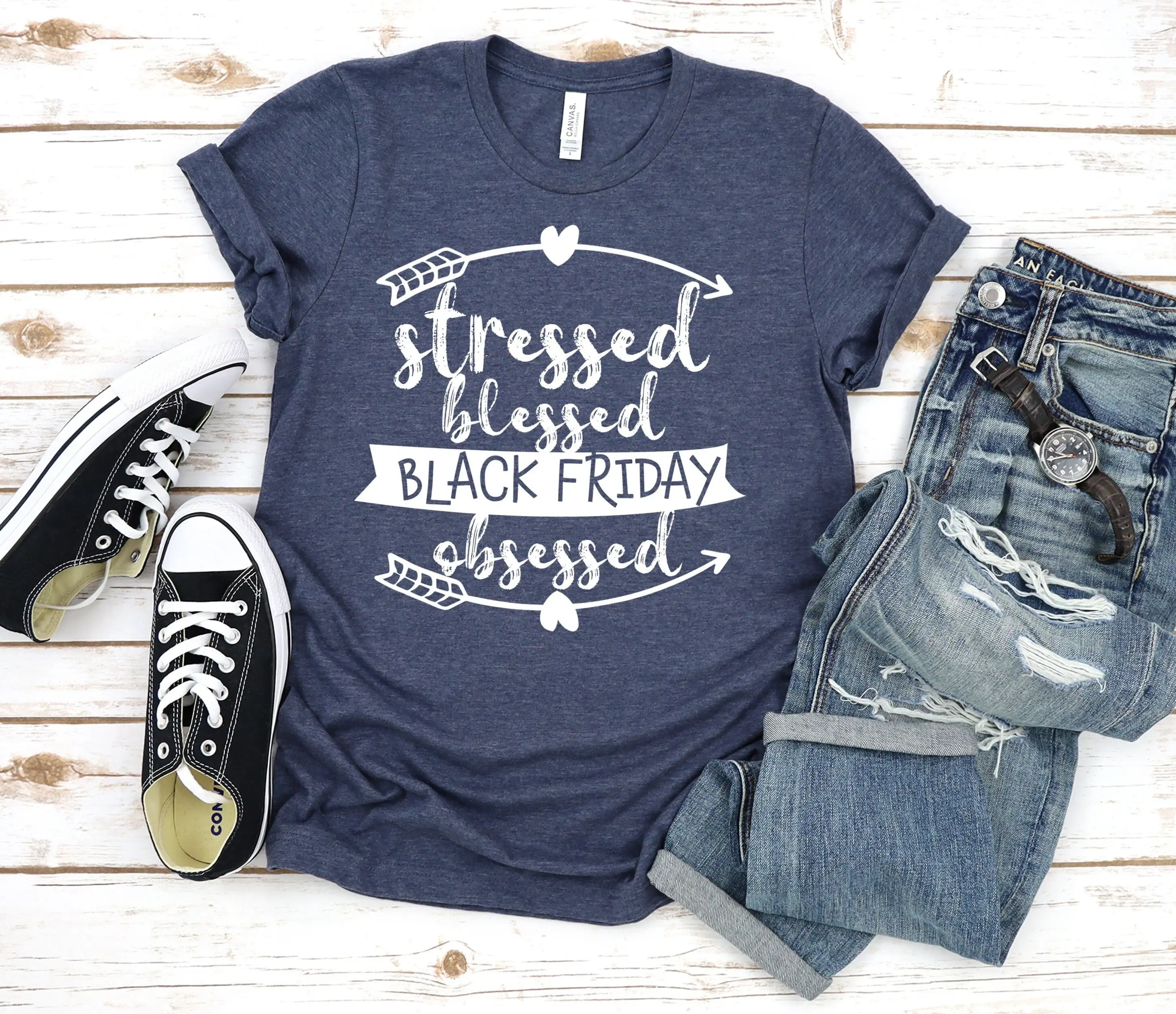 Stressed Blessed Black Friday Obsessed Crew T Shirt Christmas Shopping Thanksgiving Fall