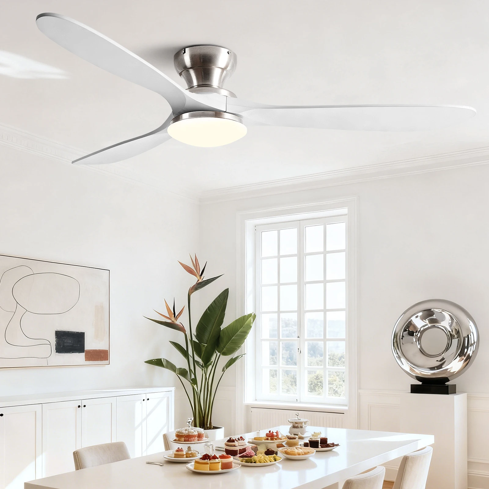 42/52/60 Inch Low Floor Ceiling Fan 3 Wooden Blade DC Motor Electric Fan with Remote Control for Living Room Dining Room Bedroom