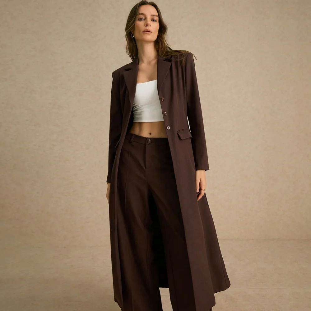 Fashion Burgundy Pants Sets 2 Piece Notch Lapel Single Breasted Long Blazer Suit Chic Casual Daily Women Suits (Coat+Pants)