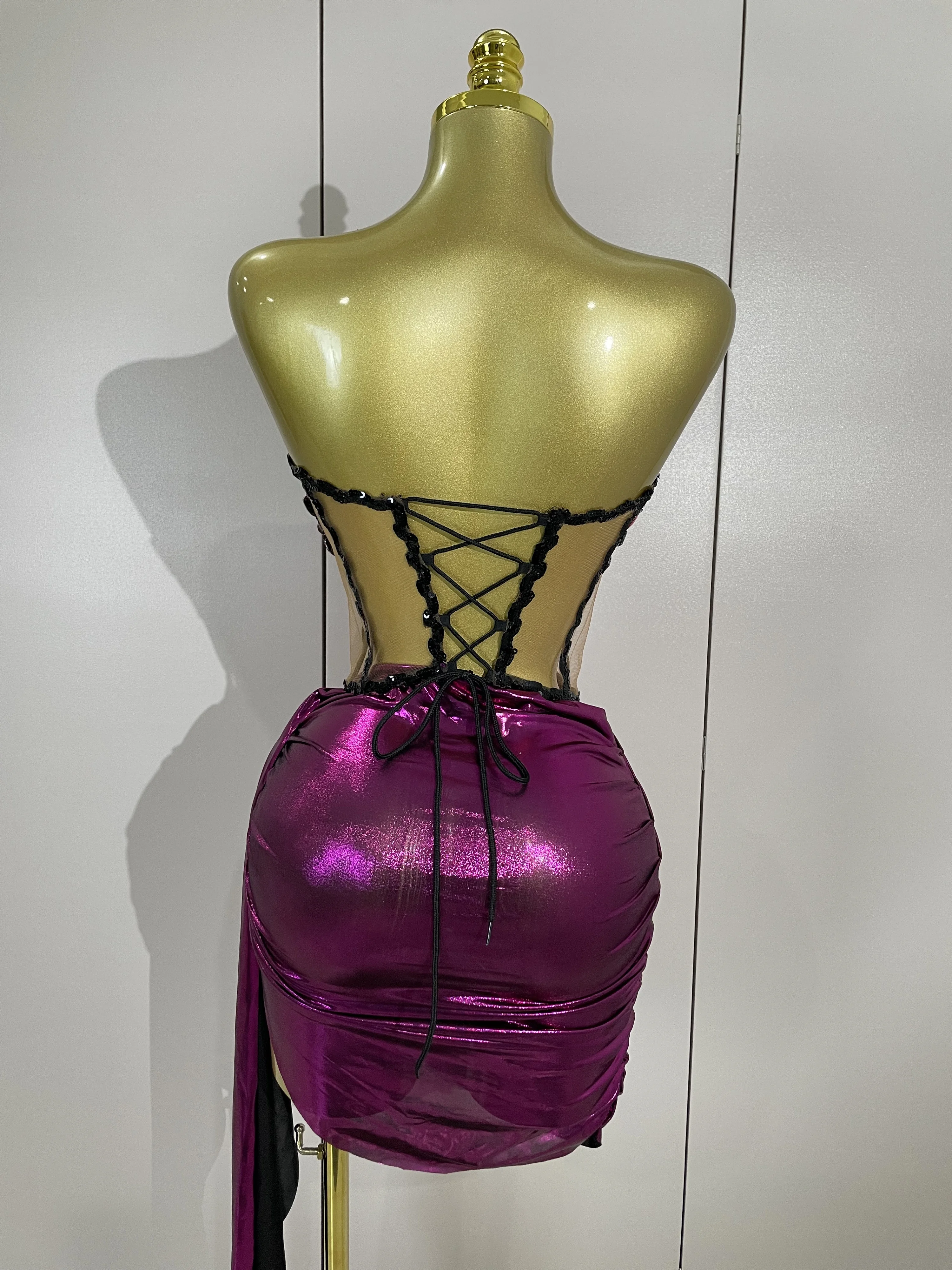 Femmes diamants scintillants cristaux maille courte deux pièces ensemble robe de luxe fête d'anniversaire célébration Sexy scène discothèque tenue