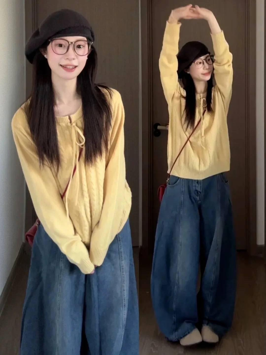 

Korean Sle Sweet Yellow Knitwear Top Loose Fit Long Sve round Ne Pullover Autumn New Arrival Faionable Lazy Girl Look
