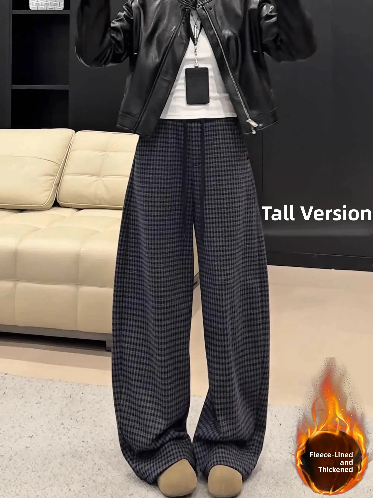 

High Waist Wide Leg Pants Korean Sle Cheered Knitted Trousers with Belt Fall Winter Thiened Fce Lined Drapey Floor-L...