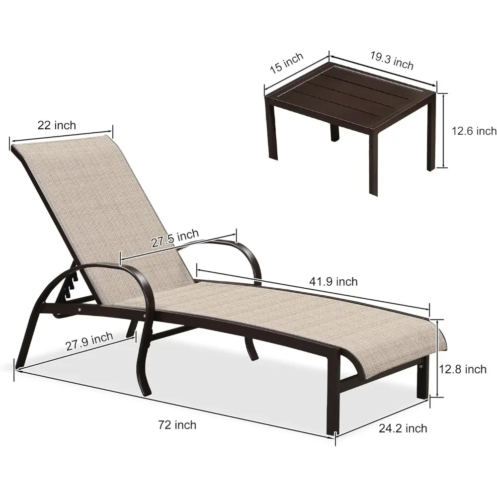 Outdoor Chaise Lounge Chair Set of 3 Patio Pool Lounger Aluminum Chairs with Side Table Adjustable Tanning Recliner for Outside