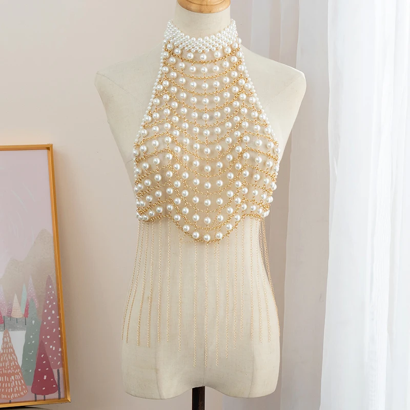 Euro-american Pearl Body Chain Banquet Dress Fashion sweater chain Sexy handmade beaded necklace Strap accessories