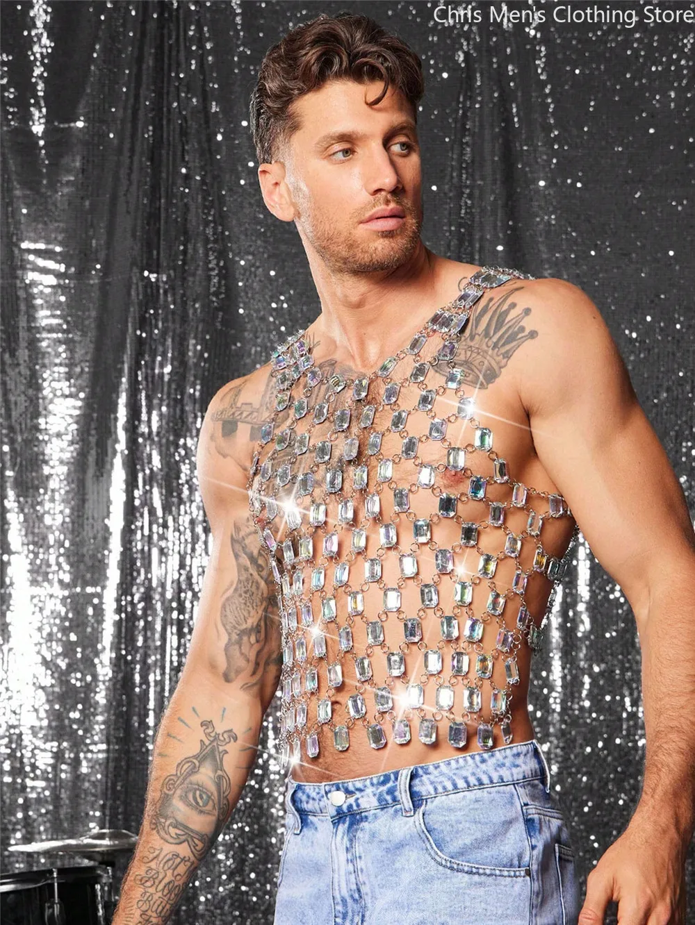 

Sexy Men's Night Outfit Glitter Sleeveless Crystal Tank Top Sliver Chain Vest for Party Rave Clubwear Man Lingerie Top Costume