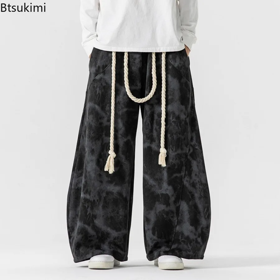 2025 Autumn Winter New Men's Plus Size Wide Leg Pants Japanese Hong Kong Style Tie Dye Casual Sweatpants Curved Knife Trousers